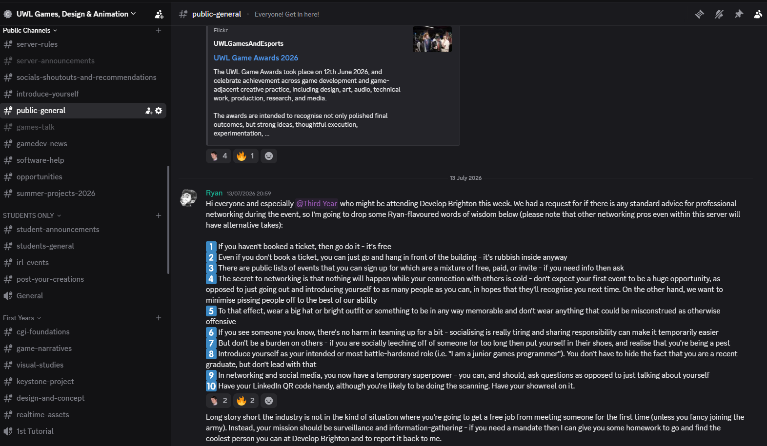 A screenshot of a Discord server containing many channels in dedicated categories on the left hand side. On the right is a selection of messages from course team members, including a long informal post giving advice on attending an upcoming conference, and a link to photos from a previous UWL games event.