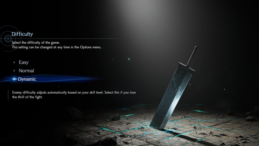 A screenshot Final Fantasy VII Rebirth from the main menu. On the screen, there is shown 3 difficulty levels: easy, normal, and dynamic.