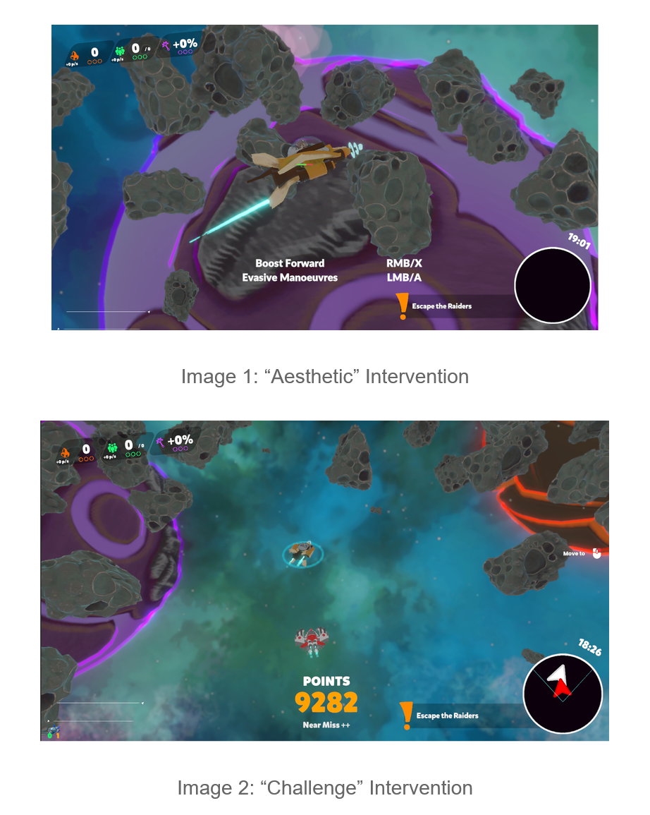 A screenshot containing two images. The first is labelled Aesthetic Intervention and contains a side-view of a flying ship with simple flying controls on screen. The second is named the Challenge intervention, and shows a traditional top-down RTS review with a large new UI element saying POINTS.