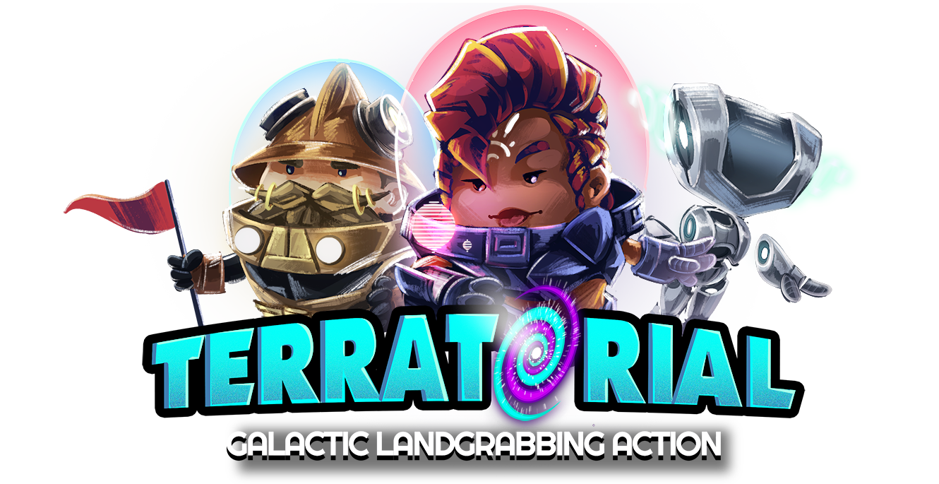 A graphic logo for Terratorial, featuring 3 space-faring characters stood in a row facing the viewer. The leftmost character is a max with a long twirling moustache holding a flag, the middle in a young woman staring into a digital display on her arm, and the right is a small robot which appears to be floating from the ground with no facial features.