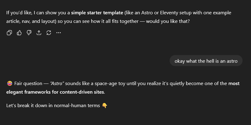 A ChatGPT conversation introducing the reader to Astro, where they reply what the hell is an astro