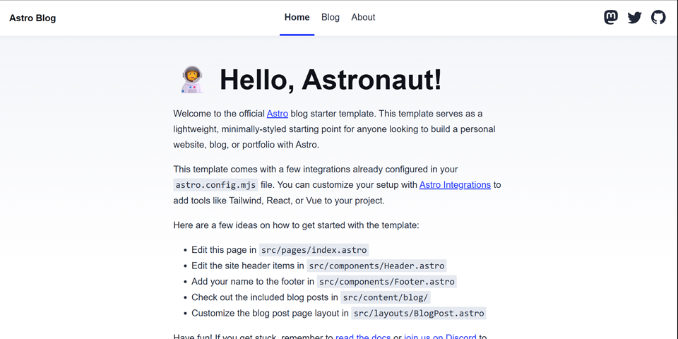 A screenshot of the default Astro blog website
